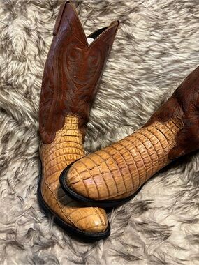 Men's DAN POST CAIMAN & LEATHER Western Cowboy Boots - Tan & Brown Sz 9 D